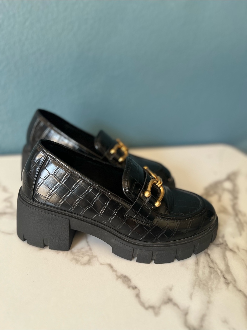 Women’s Torrid Chunky Black Croc-Embossed Loafers with Gold Bit Hardware - Picture 3 of 7